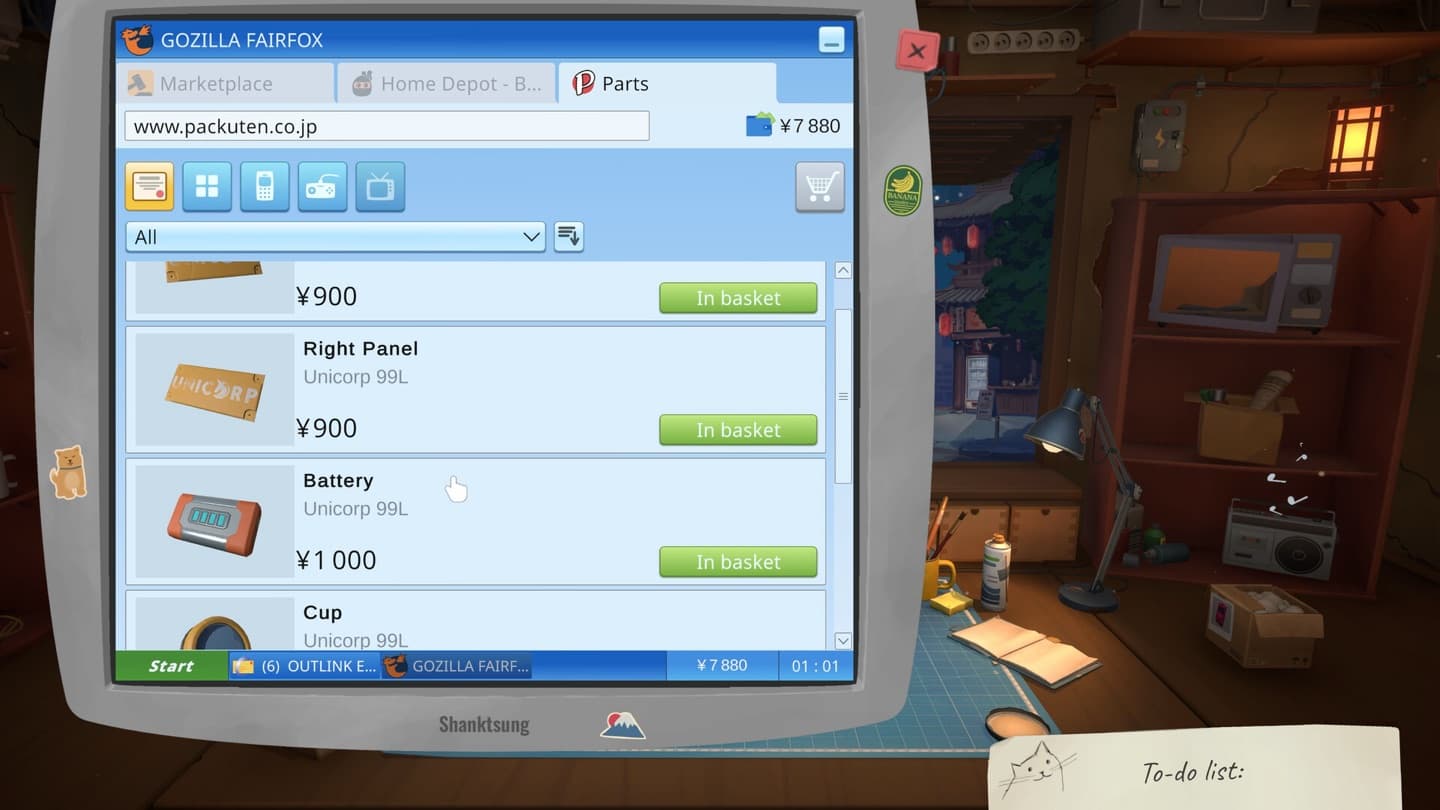 A retro-style browser window shows parts listings and green In basket buttons beside a repair workbench.