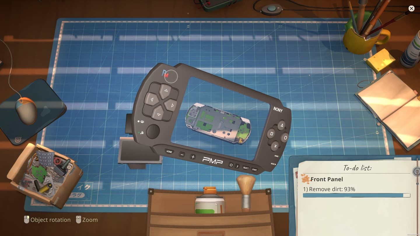 Official ReStory Steam store screenshot of a handheld-style device frame, a separate circuit board, a task card, tools, and a parts tray on a repair mat.