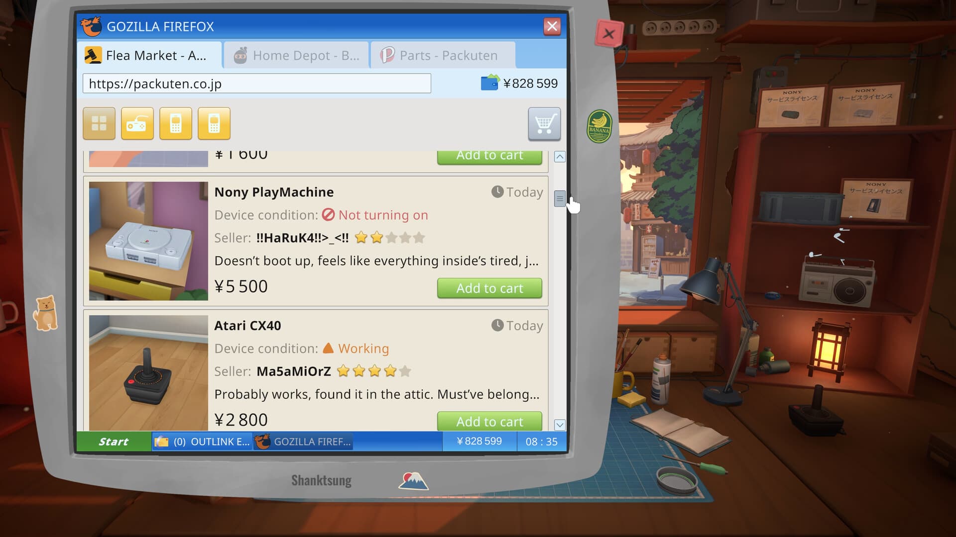 Official ReStory Steam store screenshot showing an in-game browser parts market with device listings, visible prices, and a repair workshop behind it.